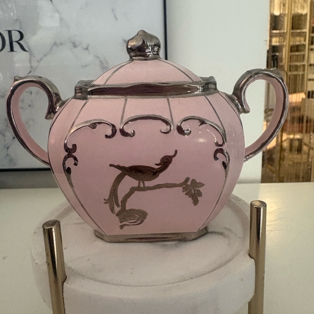 🏡SADLER ENGLAND Pink and Silver Decorative Sugar Jar with Bird Design